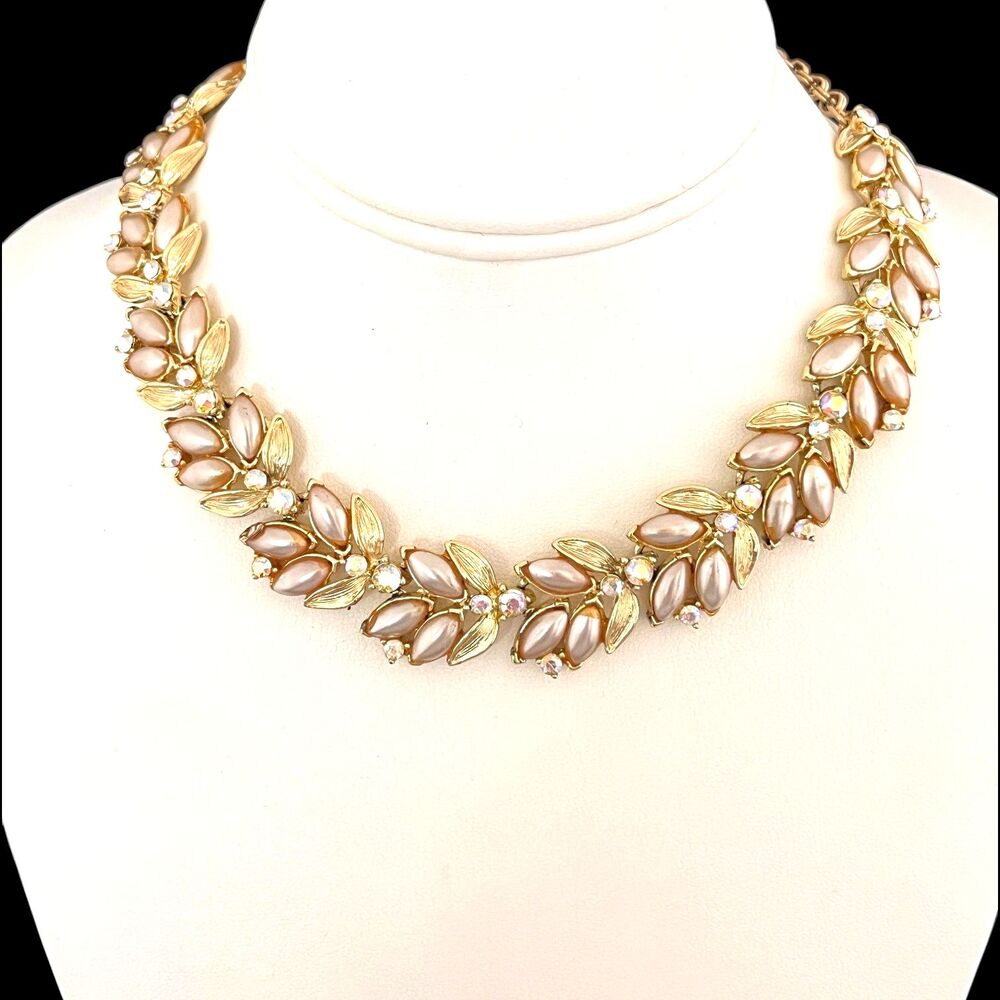 Vintage 1960s Necklace Faux Pearl AB Rhinestone Gold Tone Leaf Mid Century - 7D